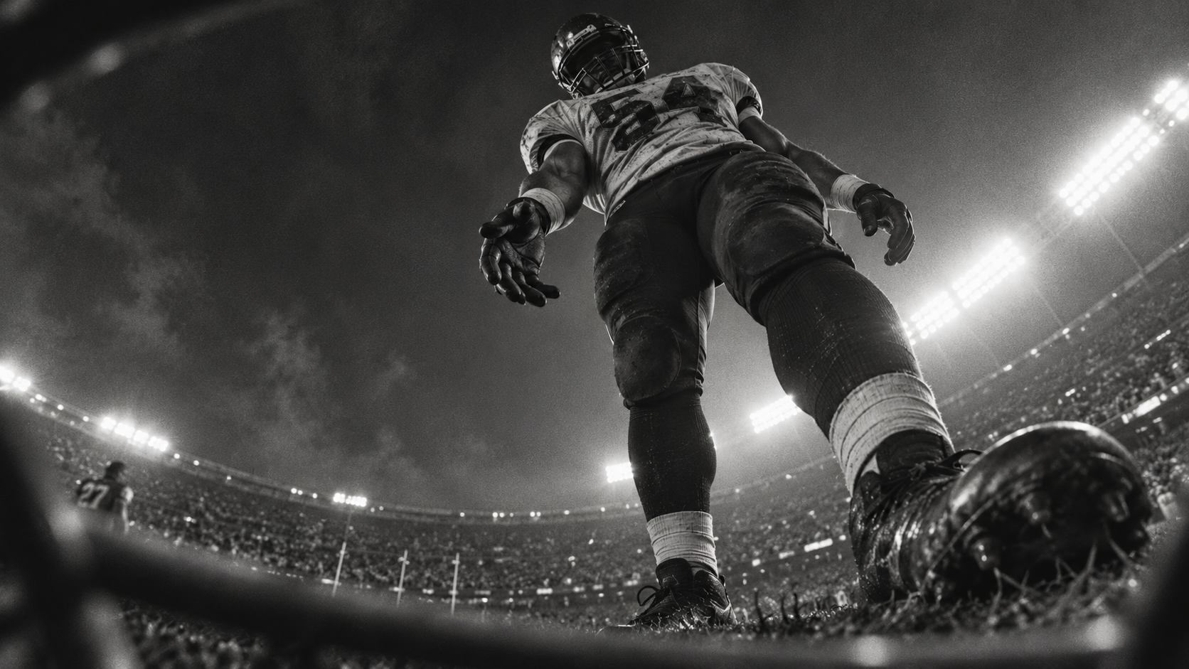 Cinematic concept: a football player towers above an inside-helmet viewpoint at field level.