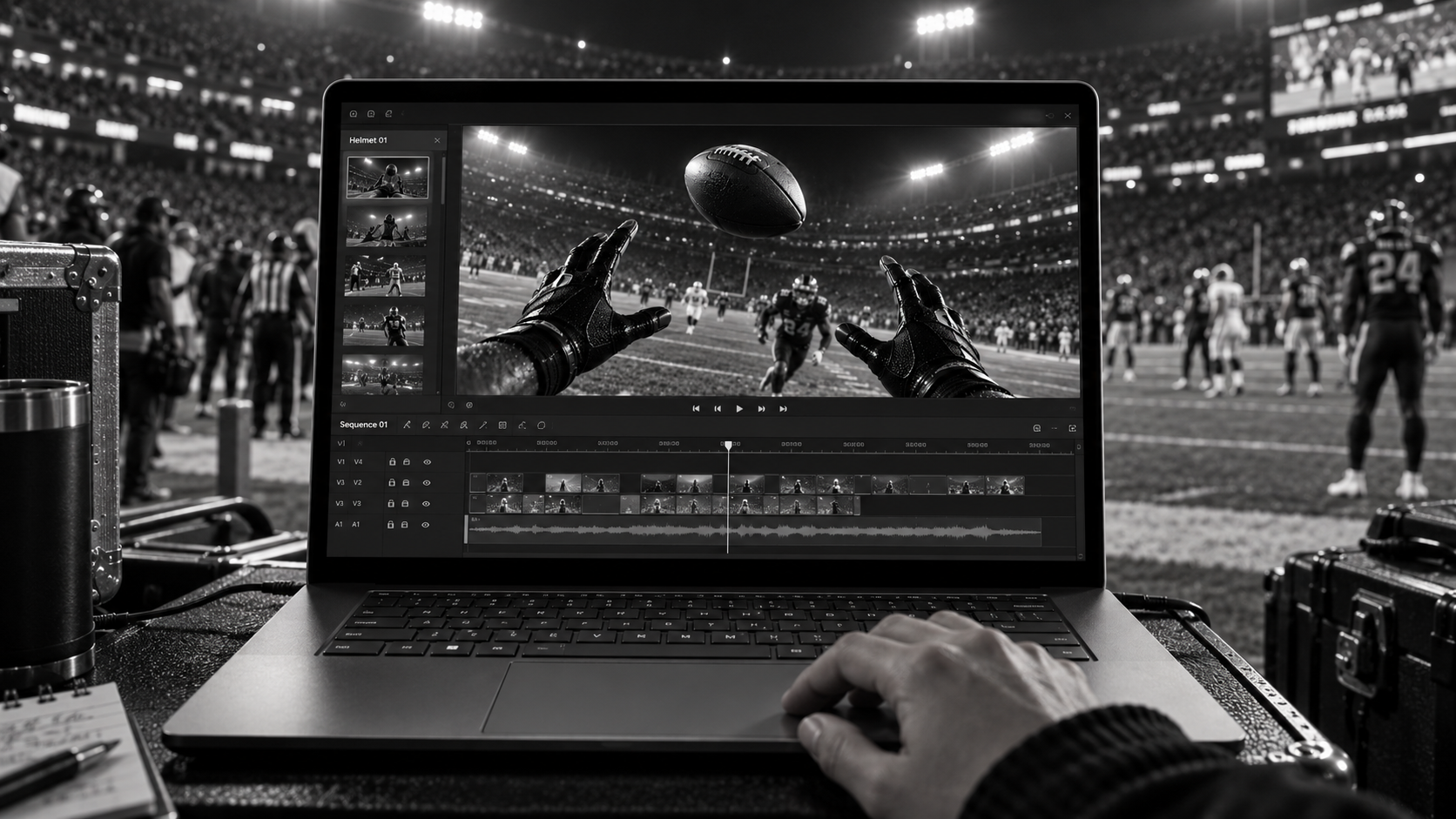 Concept: an open Surface shows helmet perspective footage and an editing timeline, with the live field beyond it.