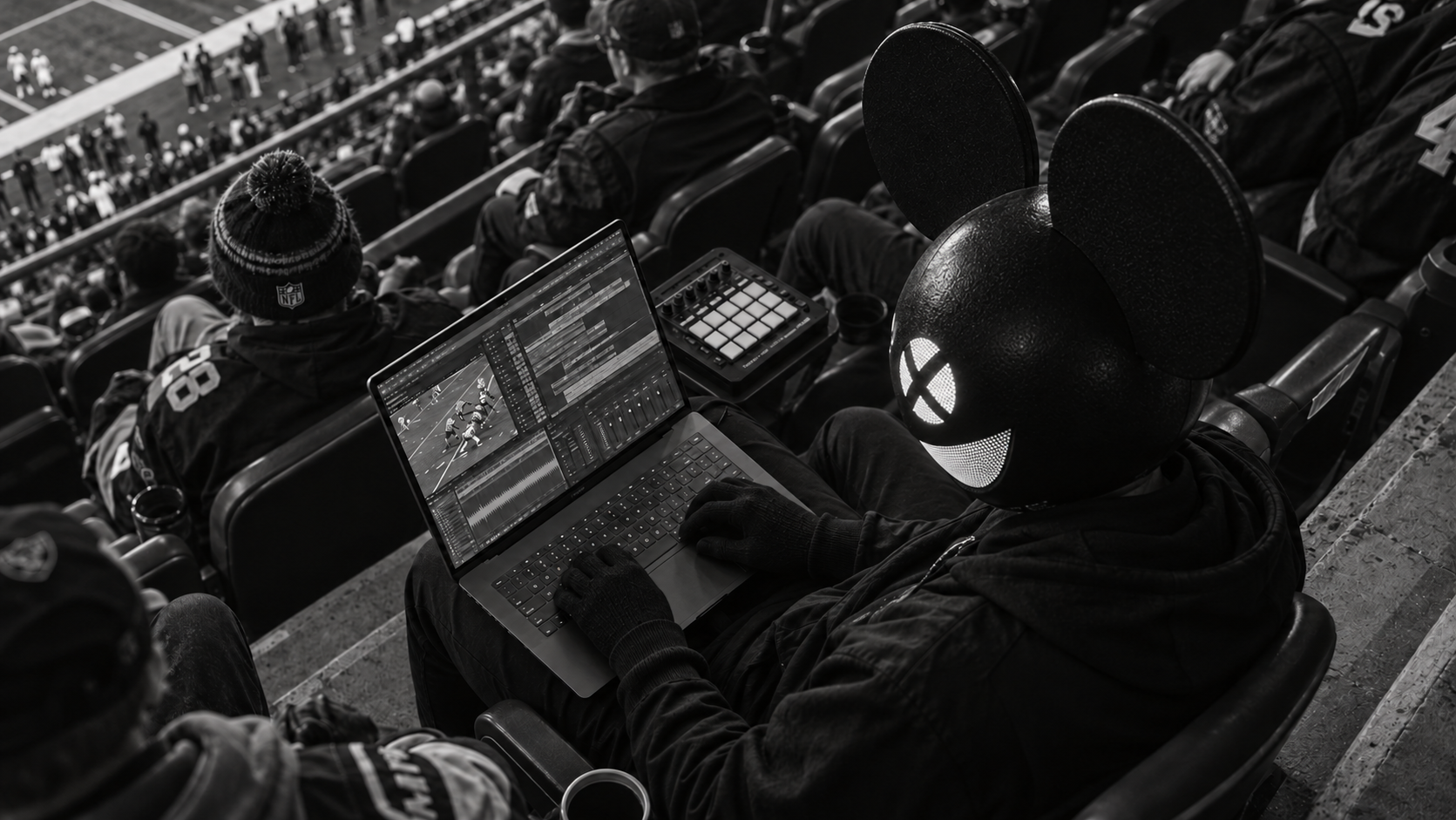 Overhead concept of deadmau5 working on Surface in the stands, with football footage and a music arrangement on screen.