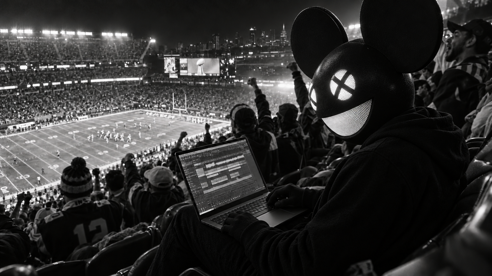 Concept: deadmau5 producing music on a laptop in the stadium stands.