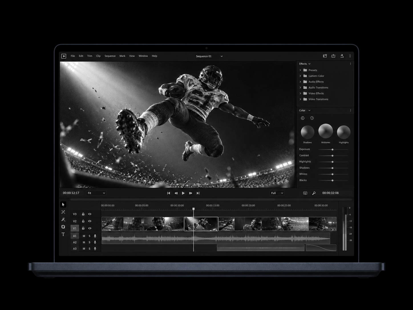 Surface laptop displaying the game in a film editing timeline.