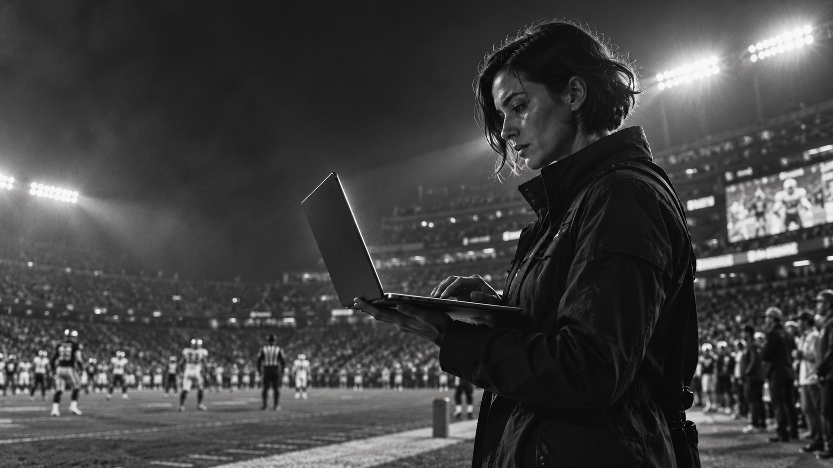 Concept: a creator supports an open Surface laptop in one hand while working at the stadium sideline.