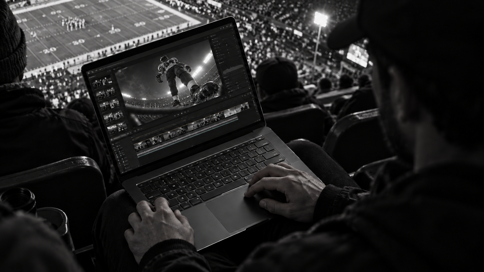Concept: a creator edits a football film on a laptop in the stadium stands, viewed from above.