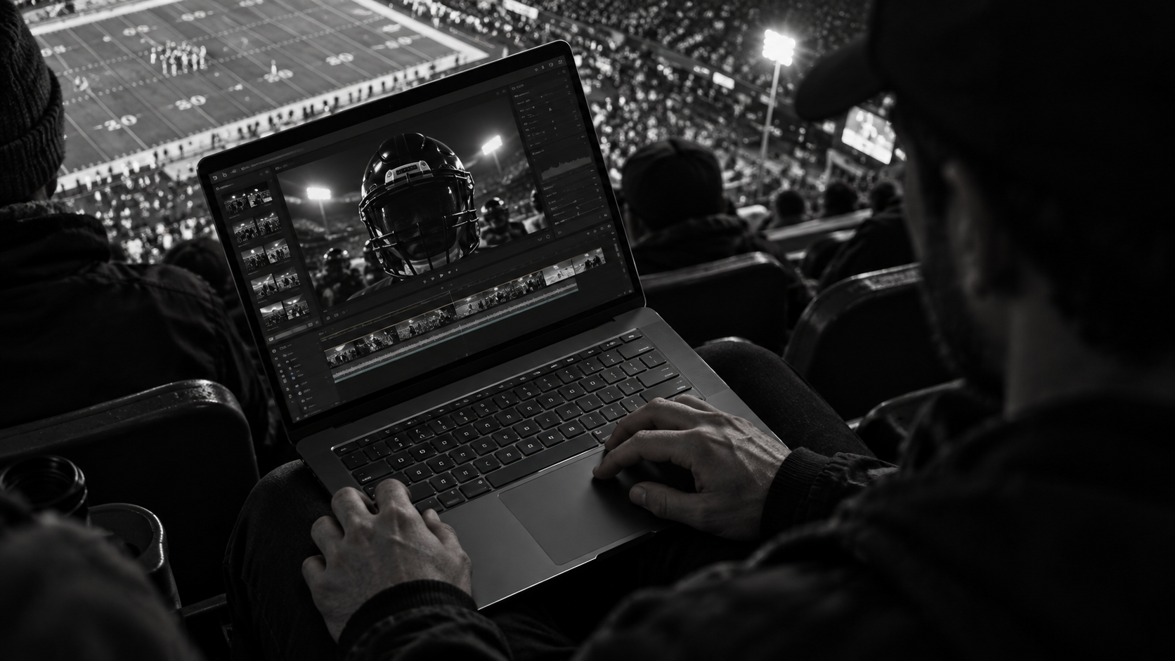 Concept: a creator edits a football film on a laptop in the stadium stands, viewed from above.